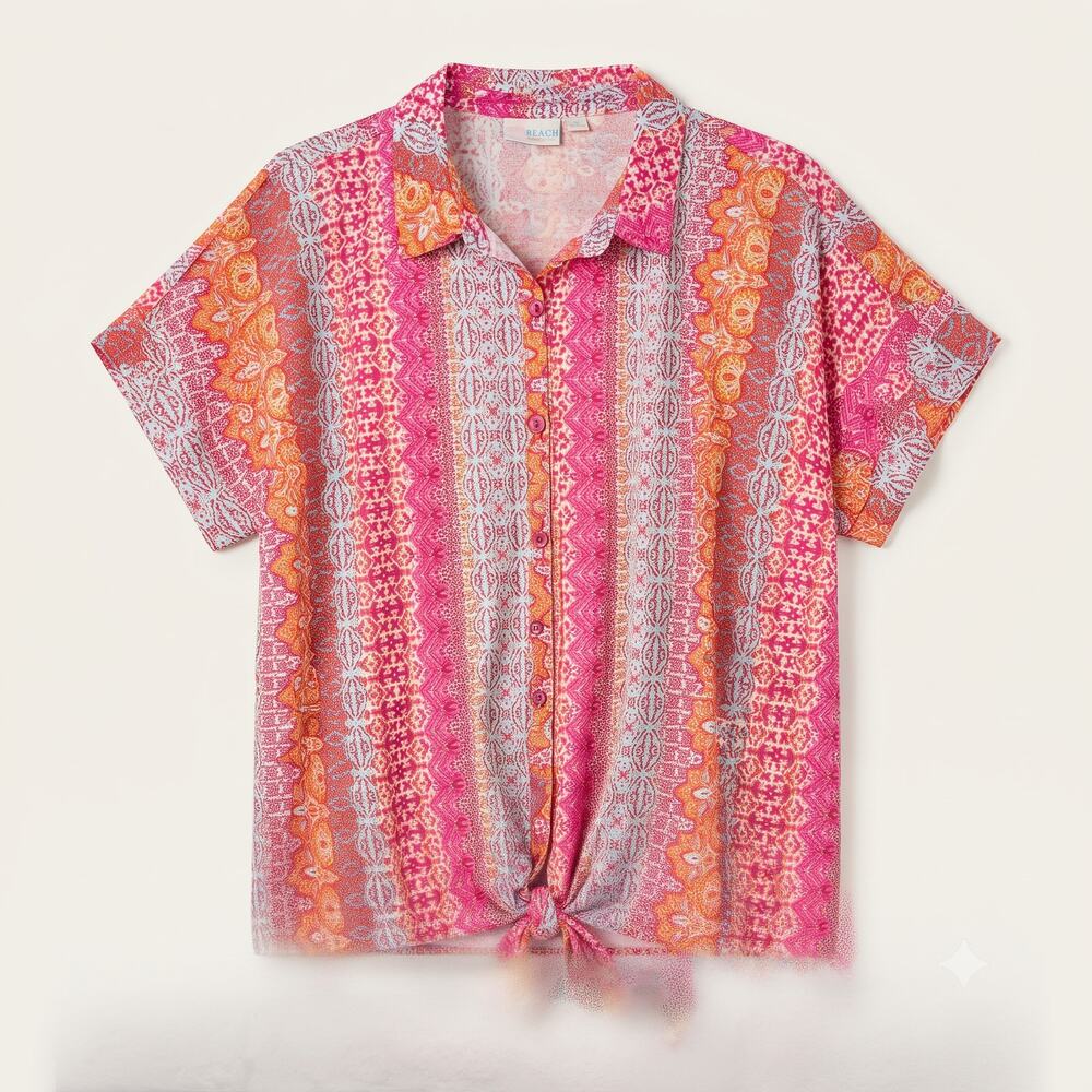 Belle Beach Womens XL Boho Coastal Resortwear Cabana Knit Tie Hem Camp Shirt